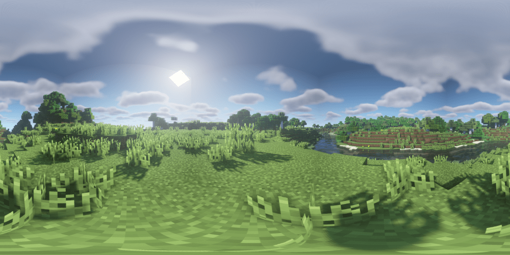Güneş ışığında çimenler ve nehirle çevrili Minecraft dünyası